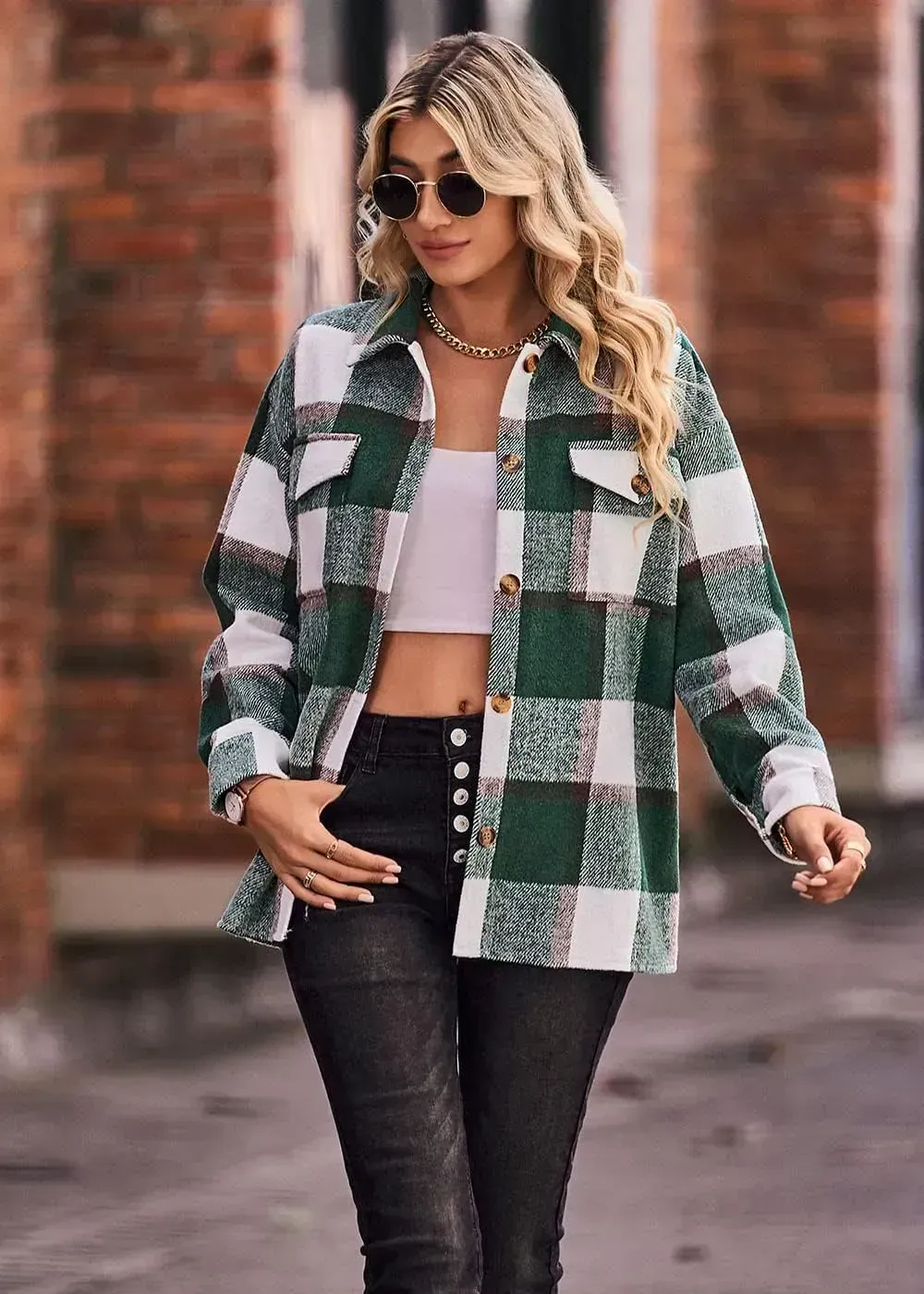 Women's 2023 Fall Clothes Plaid Shacket Jacket Long Sleeve Button Down Flannel Shirts Fashion Blouse