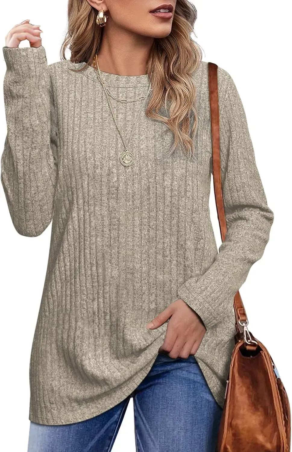 OFEEFAN Long Sleeve Shirts for Women Lightweight Crew Neck Casual Tunic Tops