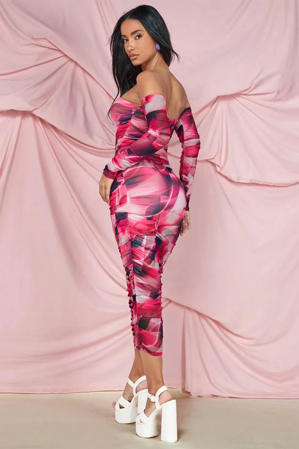 BAE Tie Dye Off Shoulder Ruched Side Bodycon Dress
