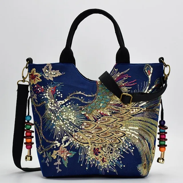 Women's Handbag Crossbody Bag Canvas Tote Bag Canvas Outdoor Daily Holiday Beading Animal Embroidery Black Red Blue