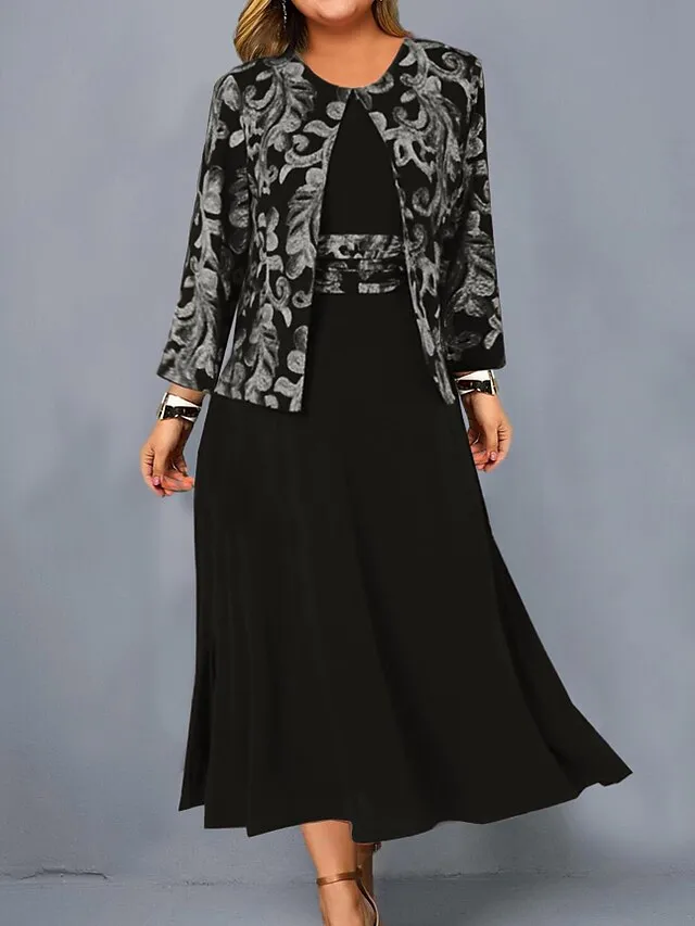 Women‘s Plus Size Curve Dress Set Print Crew Neck Long Sleeve Spring Fall Elegant Maxi long Dress Formal Party Dress