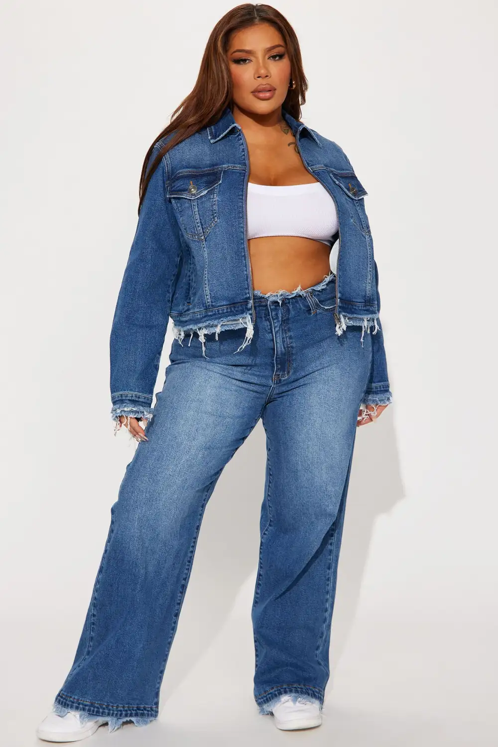 Come And Get It Cut Off Waistband Wide Leg Jean - Medium Wash