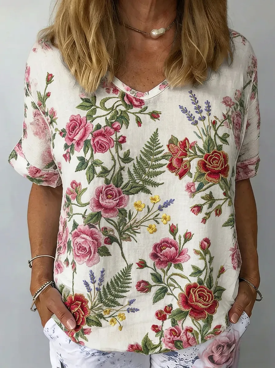 Women's Nashville Floral Rose Botanical Printed V-neck Top