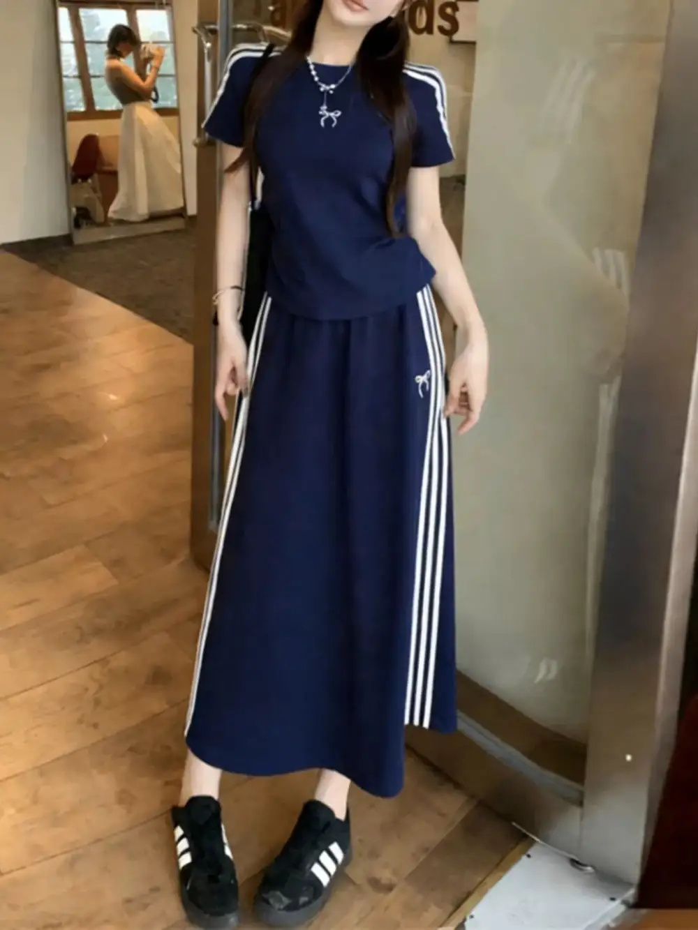 Striped Round Neck Tee Skirt Set
