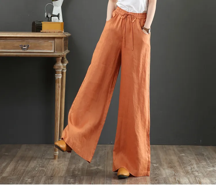 Women's cotton and linen wide-leg pants