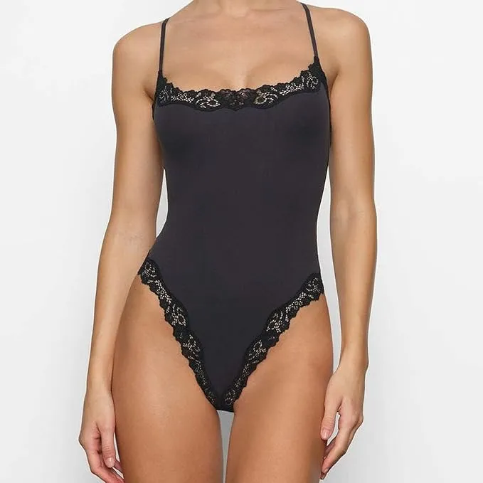Women's Spaghetti Strap Lace Trim Breathable Bodysuit