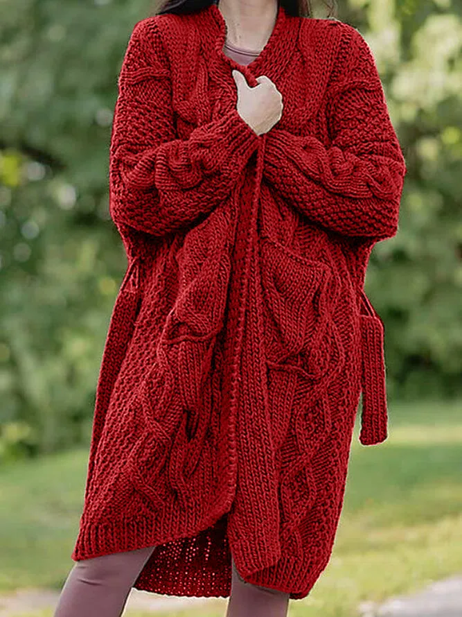 Plain Lace-Up Casual Sweater Coat