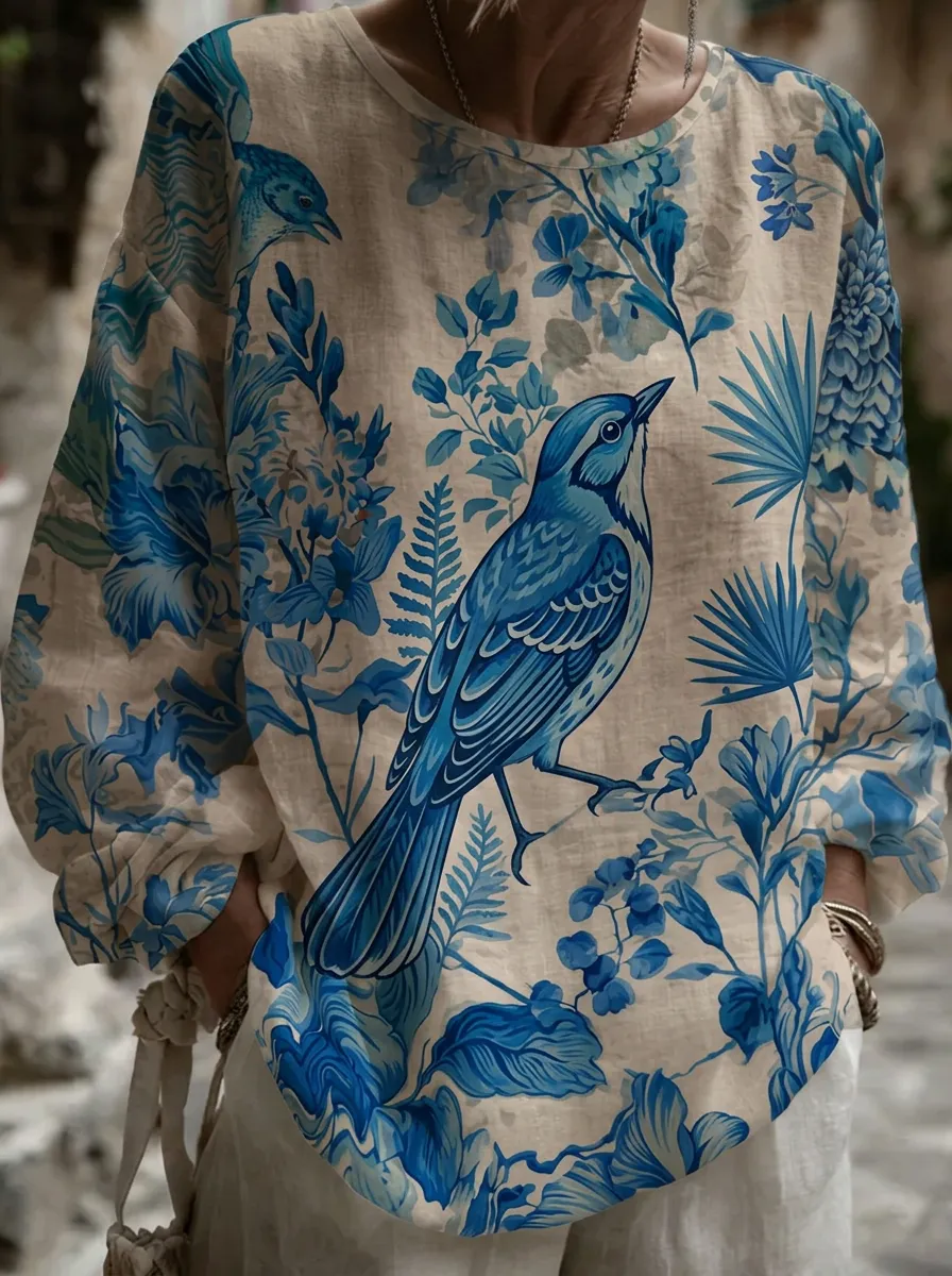 Women's Nashville Nature Lover Blue Bird Floral Printed Top