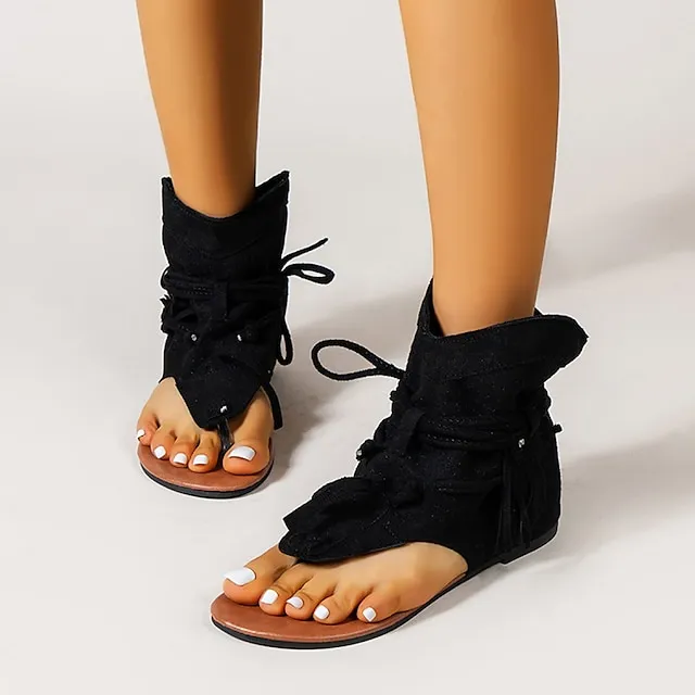 Women's Sandals Flat Sandals Gladiator Sandals Roman Sandals Outdoor Daily Beach Summer Lace-up Flat Heel Open Toe Vintage Casual Canvas Synthetics Loafer Solid Color Solid Colored Black Yellow Brown