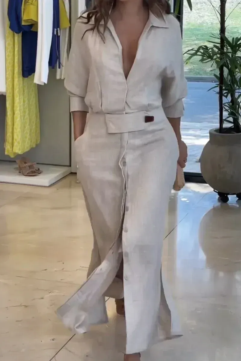 Women's Lapel Long Sleeve Casual Cotton and Linen Dress
