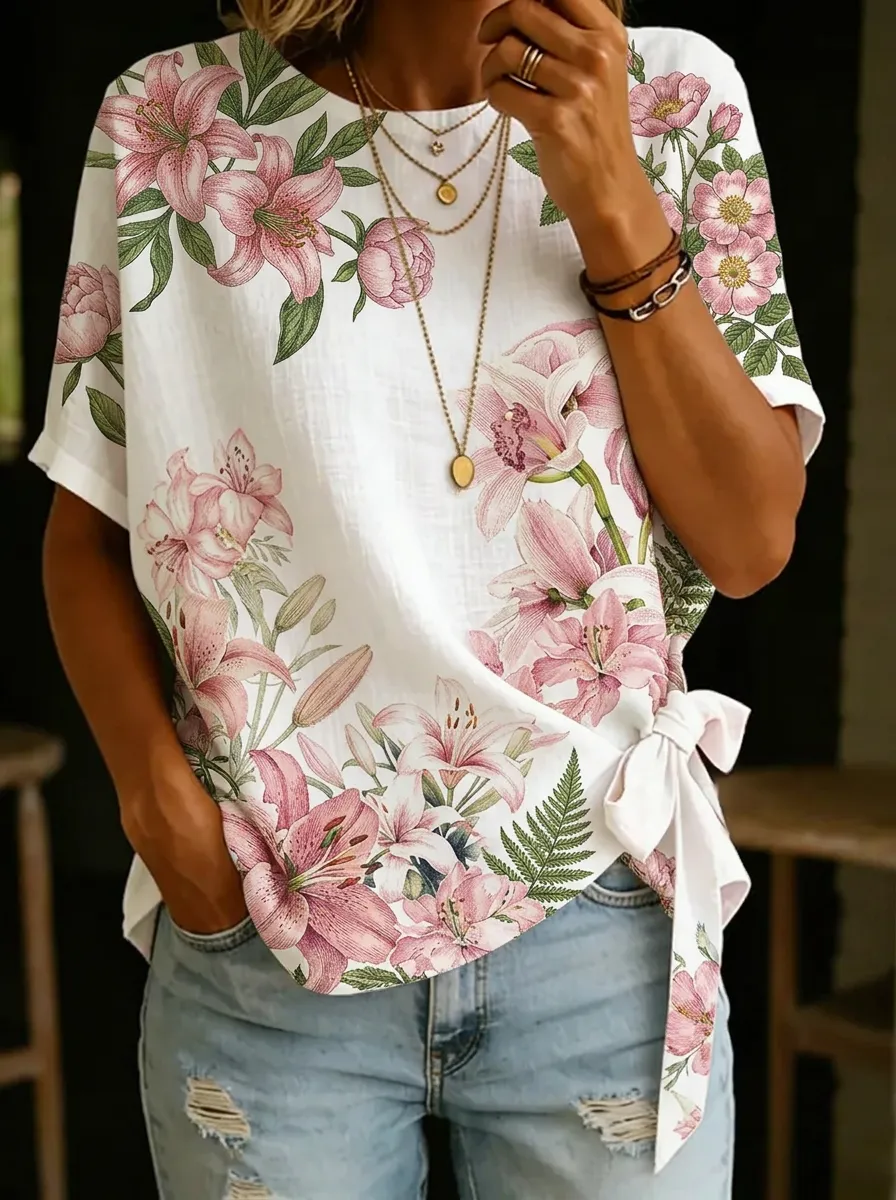 Women's Nashville Floral Lily Botanical Printed Tie-Side Top