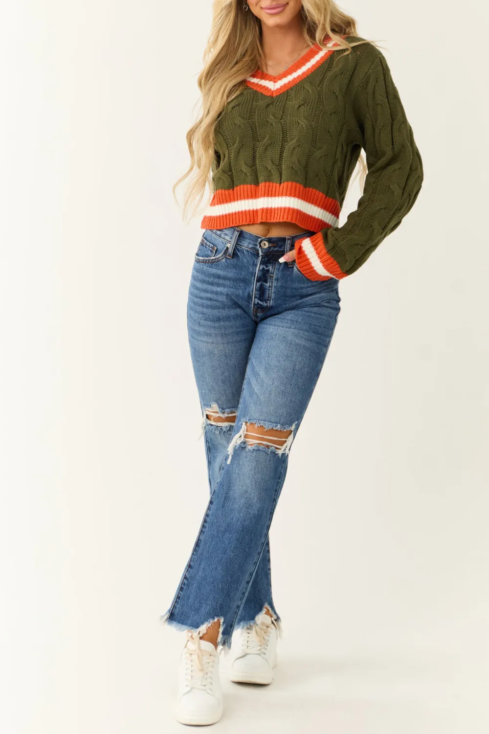 Army Green Knit Contrast Stripe Trim Sweater