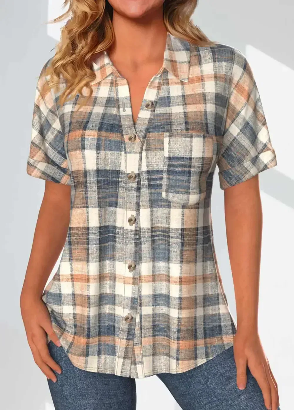 Multi Color Button Plaid Short Sleeve Blouse