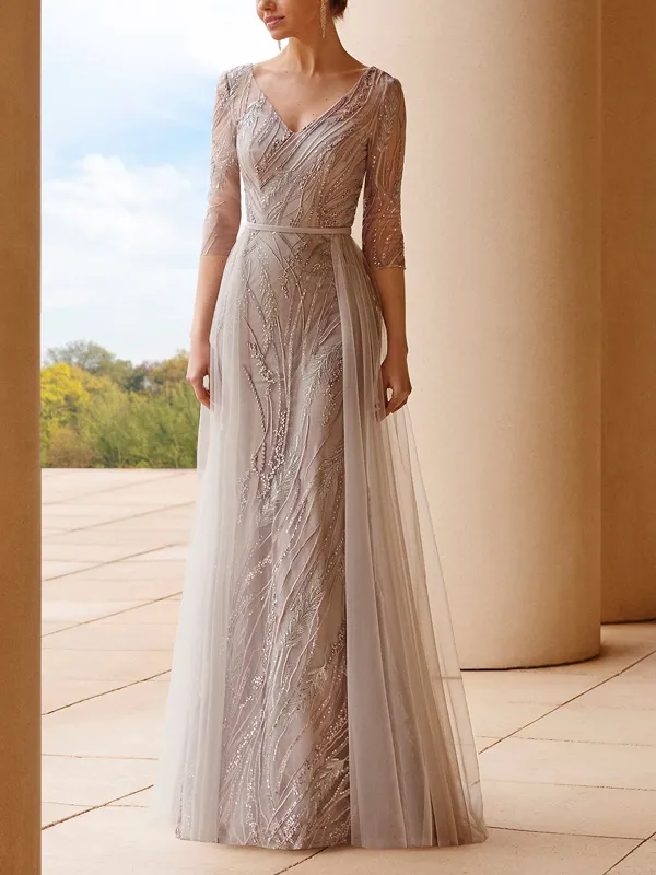 V Neck Mesh Sequin Maxi Dress