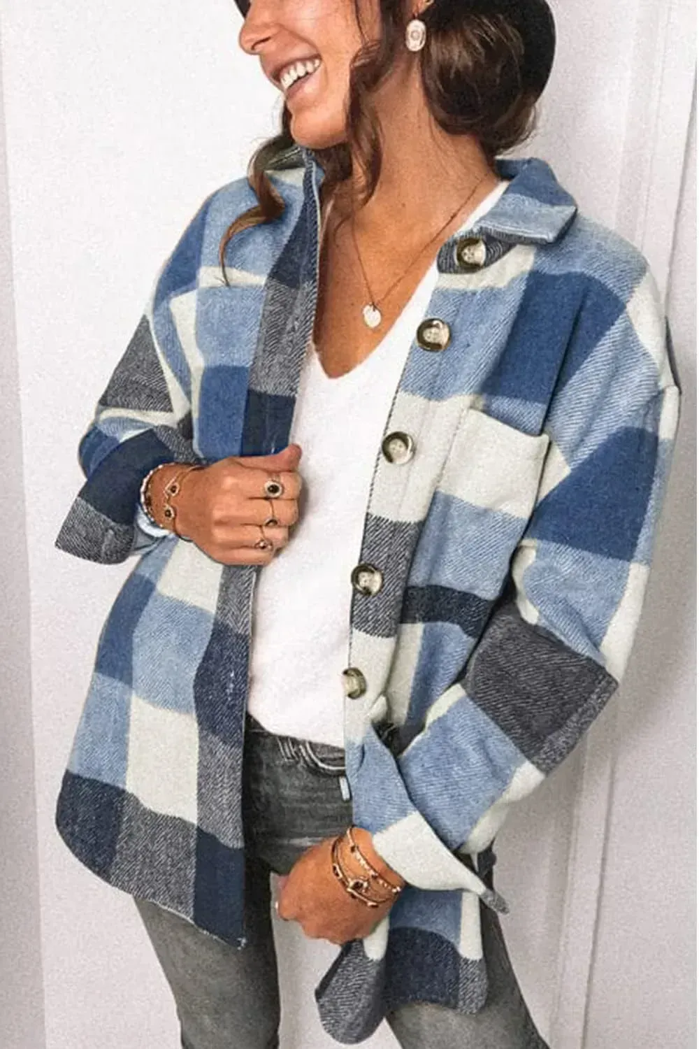 Women's 2023 Fall Clothes Plaid Shacket Jacket Long Sleeve Button Down Flannel Shirts Fashion Blouse