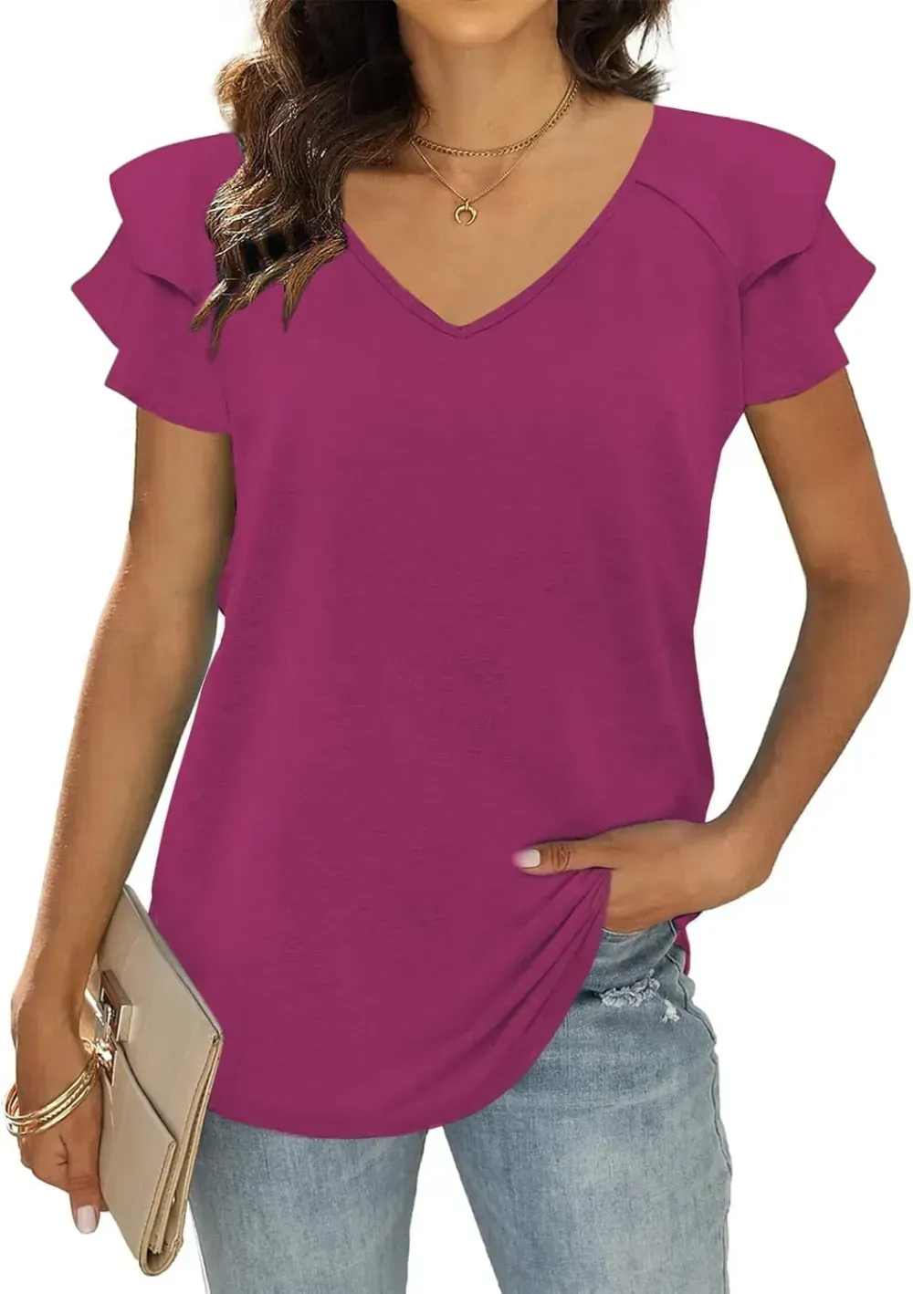 T&Twenties Womens Summer Tops Ruffle Short Sleeve Tunic Tops V Neck Loose Fit Flowy T-Shirts