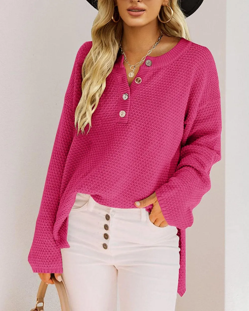 Women's Oversized Sweaters Batwing Long Sleeve Loose V Neck Button Henley Tops Pullover Knit Jumper