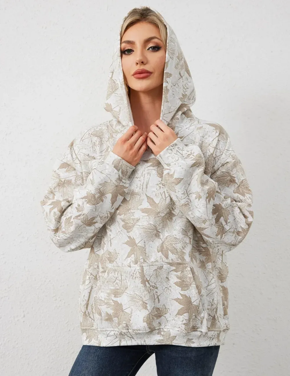 Womens Camo Hoodies Maple Leaf Print Oversized Hooded Sweatshirt Fleece Pullover Sweatshirts Long Sleeve with Pocket