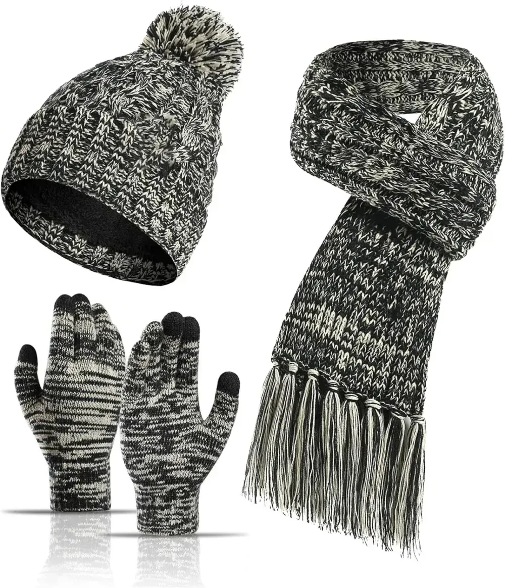 Honnesserry Winter Warm Beanie Hat Scarf and Touchscreen Gloves Set for Womens Skull Caps Neck Scarves with Fleece Lined