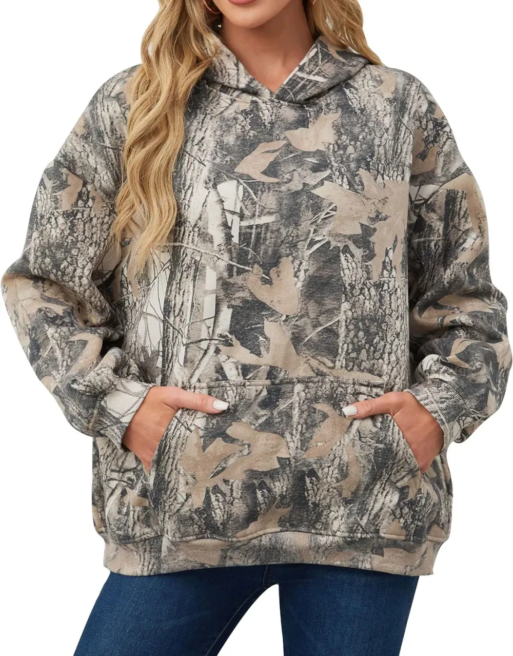 Womens Camo Hoodies Maple Leaf Print Oversized Hooded Sweatshirt Fleece Pullover Sweatshirts Long Sleeve with Pocket
