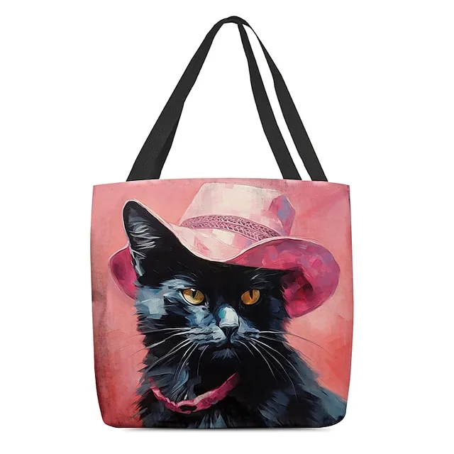 Women's Tote Shoulder Bag Canvas Tote Bag Polyester Oxford Cloth Shopping Holiday Print Large Capacity Foldable Lightweight Cat Black / Red Custom Print Light Pink