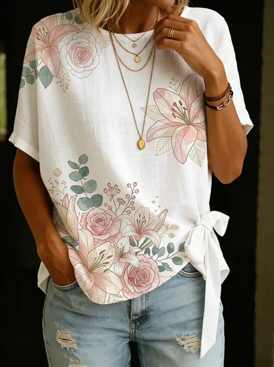 Women's Nashville Floral Lily Rose Printed Tie-Side T-shirt