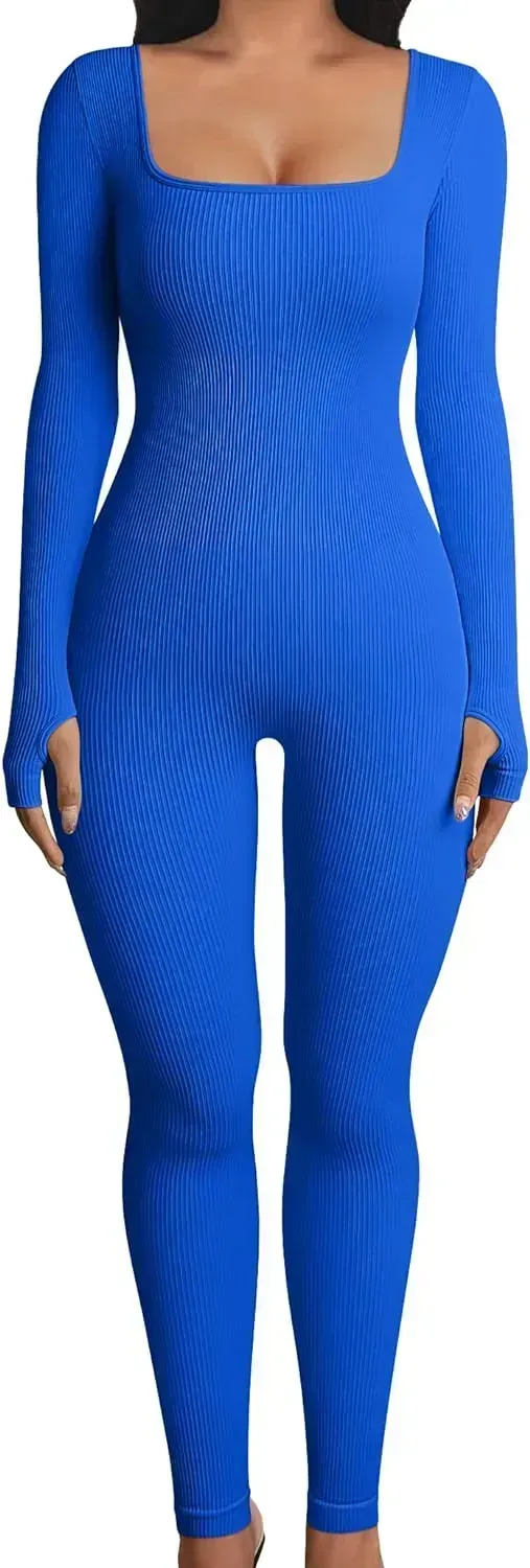 Women Yoga Jumpsuits Workout Ribbed Long Sleeve Sport Jumpsuits