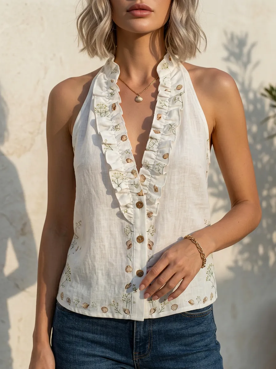 Women's Nashville Travel Lover Seashell Floral Printed Ruffle Halter Top