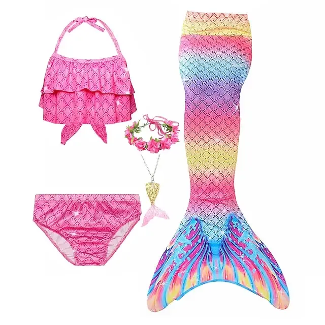 Kids Girls' Five Piece Bikini Swimming Rainbow Cute Print Bathing Suits 3-10 Years Spring Rose Red