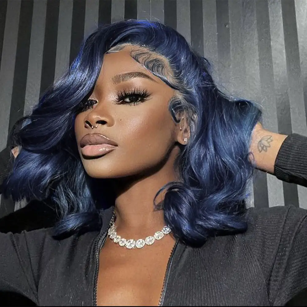 Glueless Midnight Blue Bob Wig Glueless Flexi-Fit Invisi Drawstring Cap Trendy Colored Human Hair Wigs