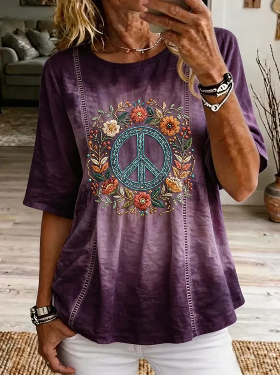 Women's Nashville Floral Peace Sign Printed T-shirt