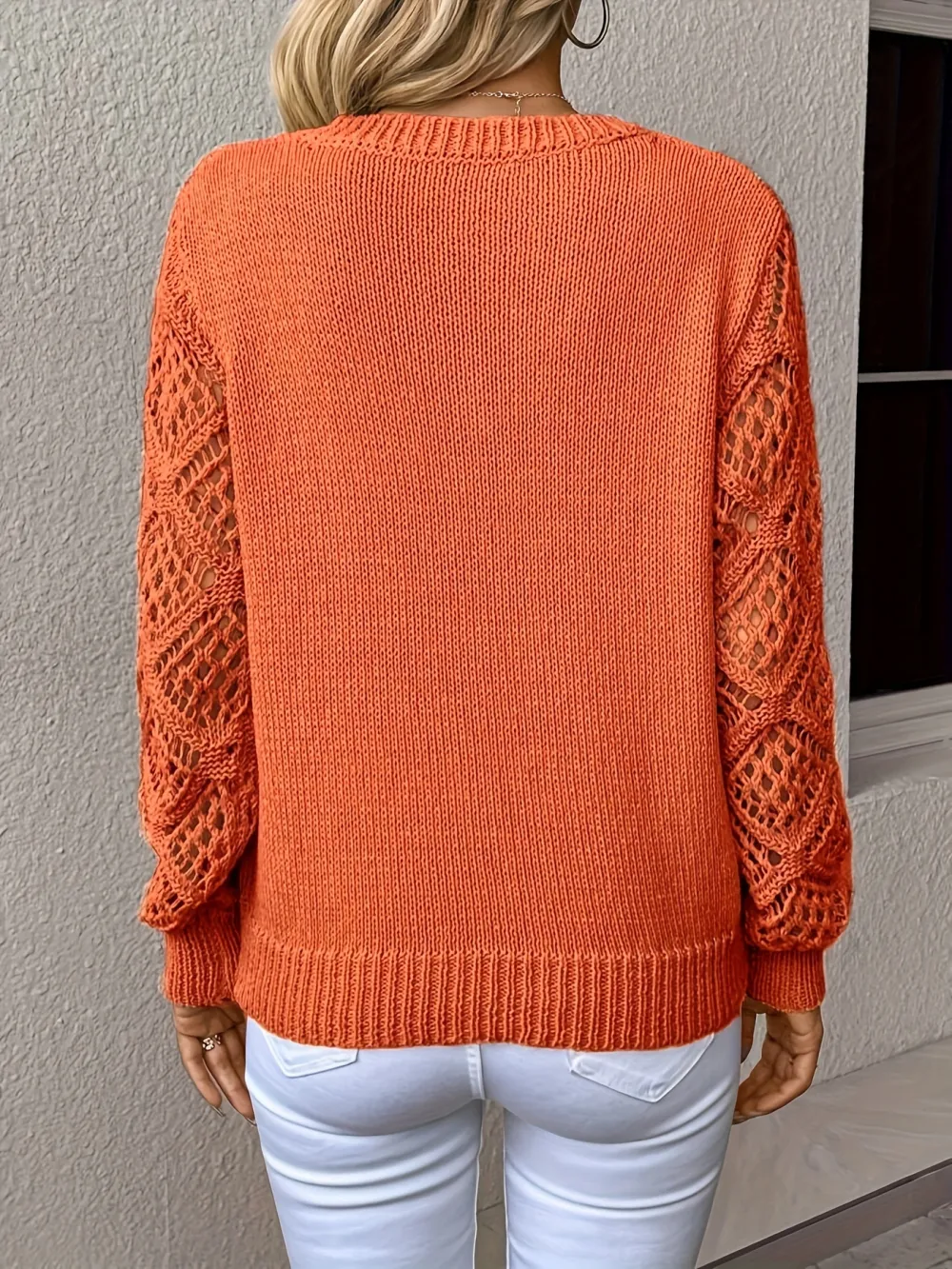 Openwork V Neck Long Sleeve Sweater