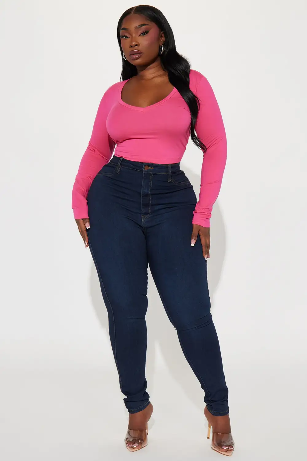 Carly V Neck Crop Long Sleeve Tee - Fuchsia