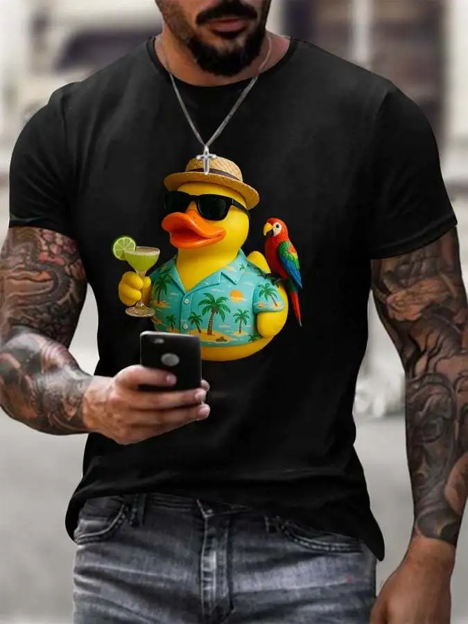 Men's Retro Vacation Parrot Margarita Memorial Duck Print T-Shirt
