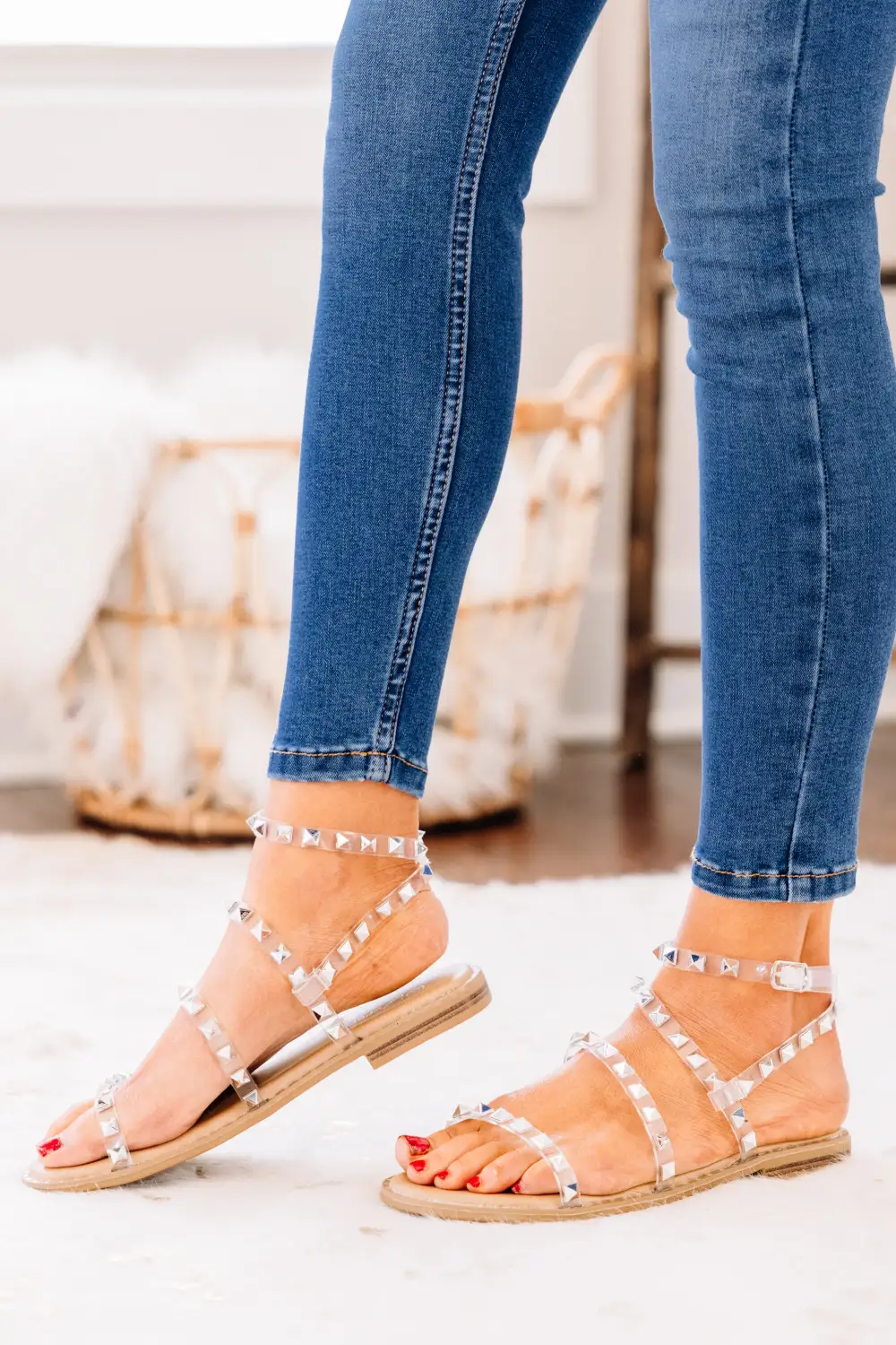 Look Sharp Tan and Clear Studded Sandals
