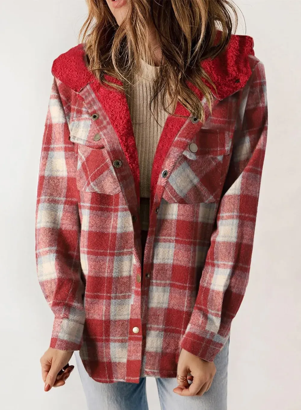 Womens Plaid Shacket Jacket Long Sleeve Button Down Fleece Hooded Jackets Warm Coat