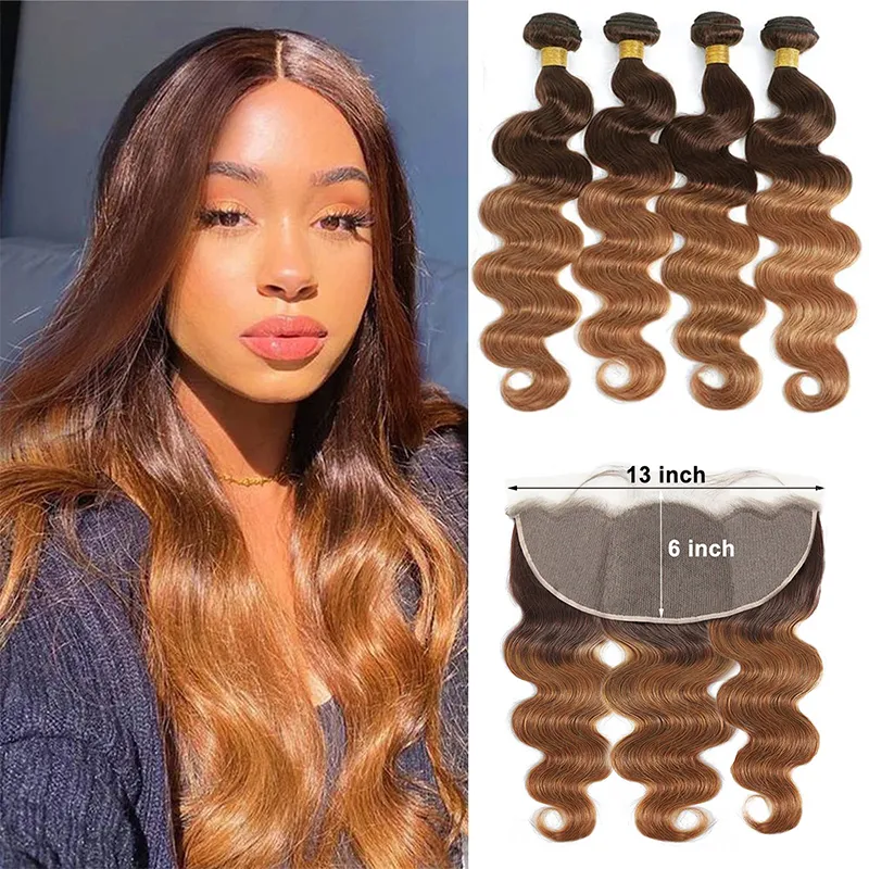 Sterly T4/30 Colored Ombre Body Wave Human Hair Bundles With 13×6 Lace Frontal