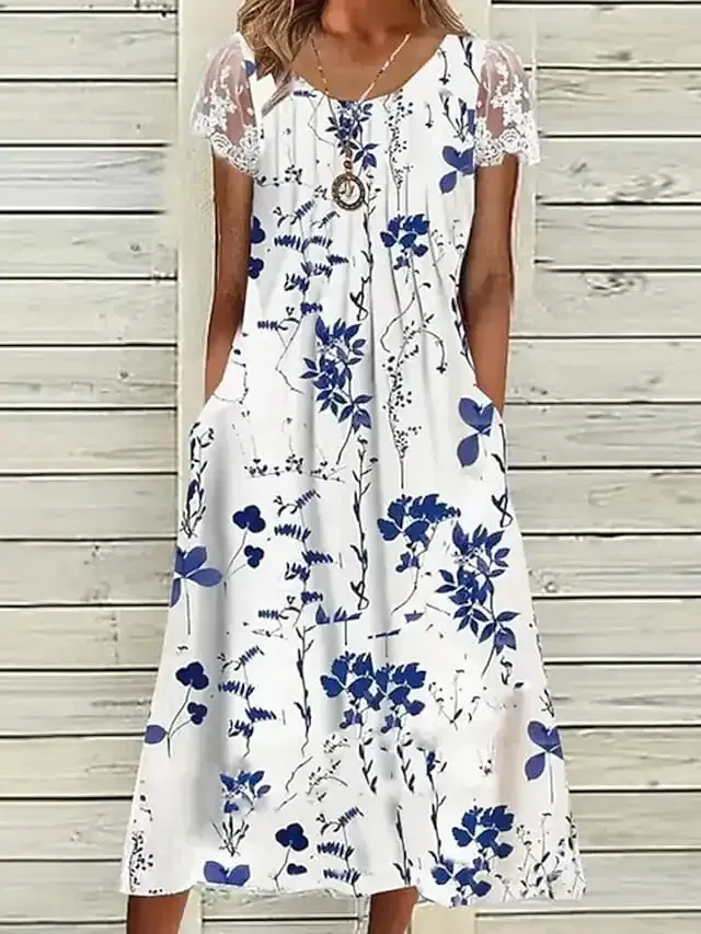 Women's Casual Dress Midi Dress White Short Sleeve Floral Ruched Dress