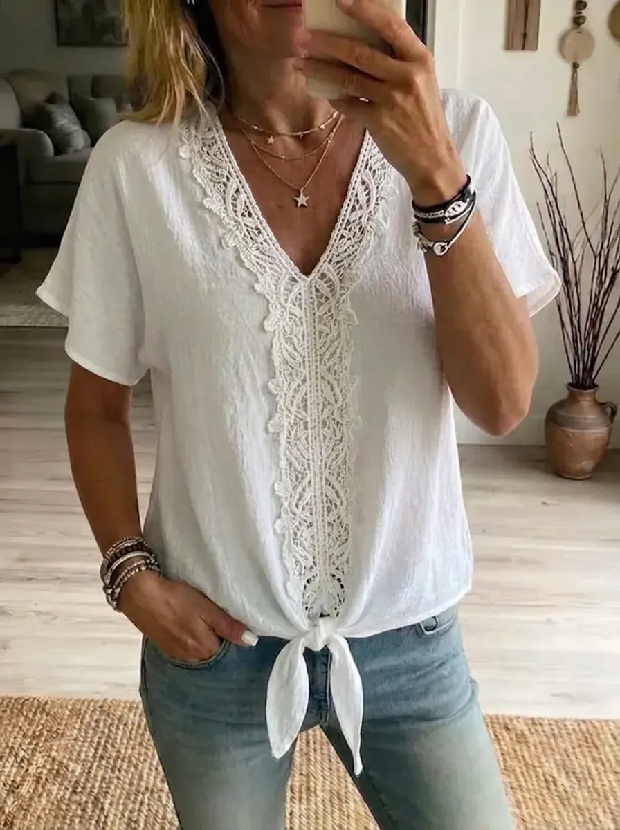Women's Nashville Country Style Lace Trim Tie Front Top