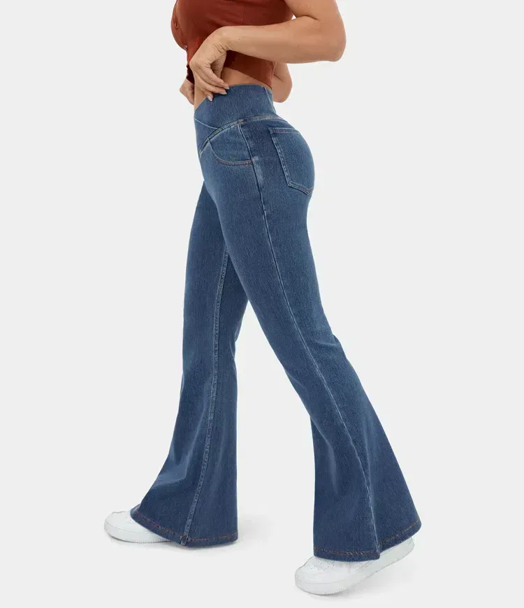 High Waisted Crossover Pocket Washed Stretchy Knit Denim Casual Super Flare Pants