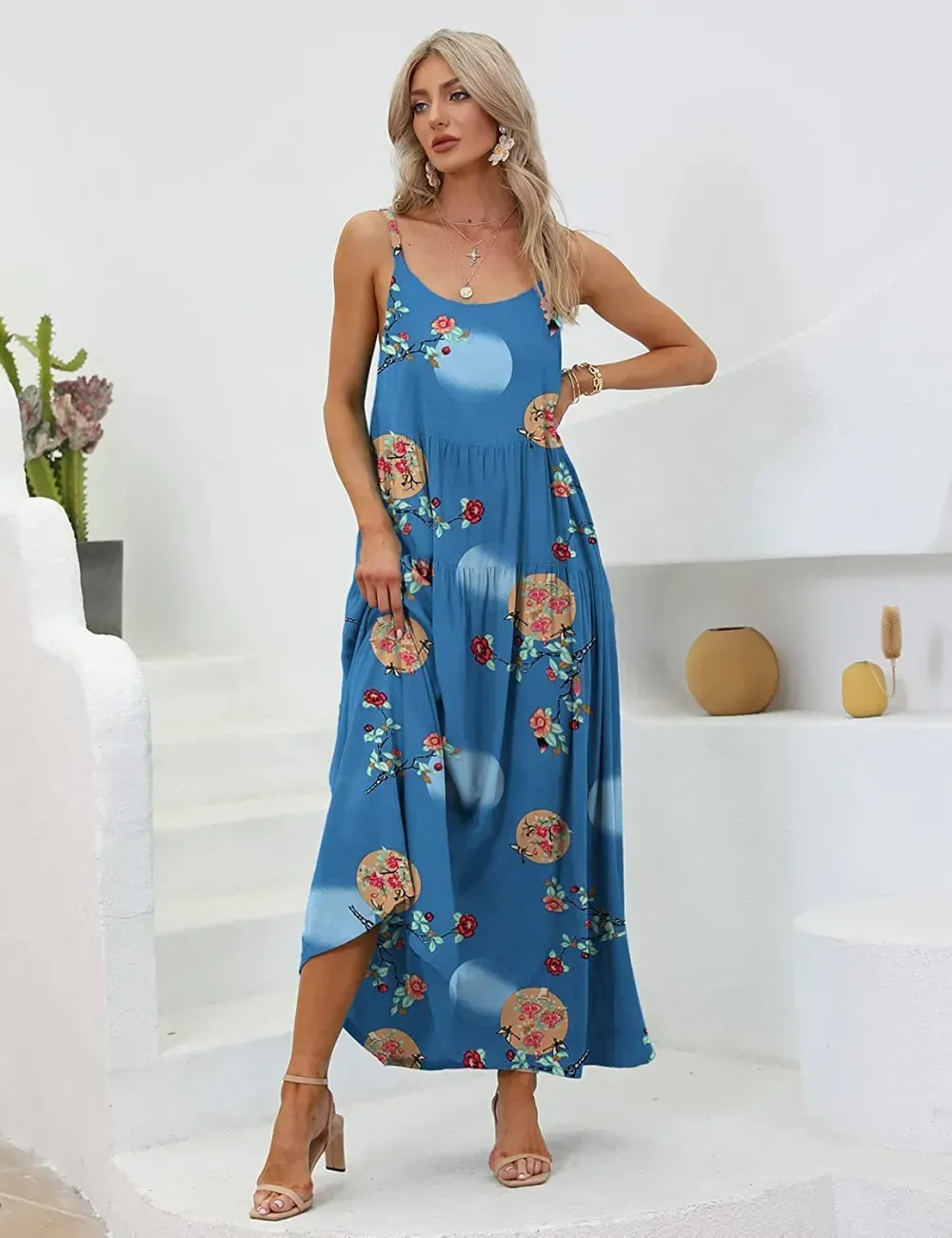 Summer Dresses for Women Casual Loose Bohemian Floral Dress with Pockets Spaghetti Strap Maxi Dress E75