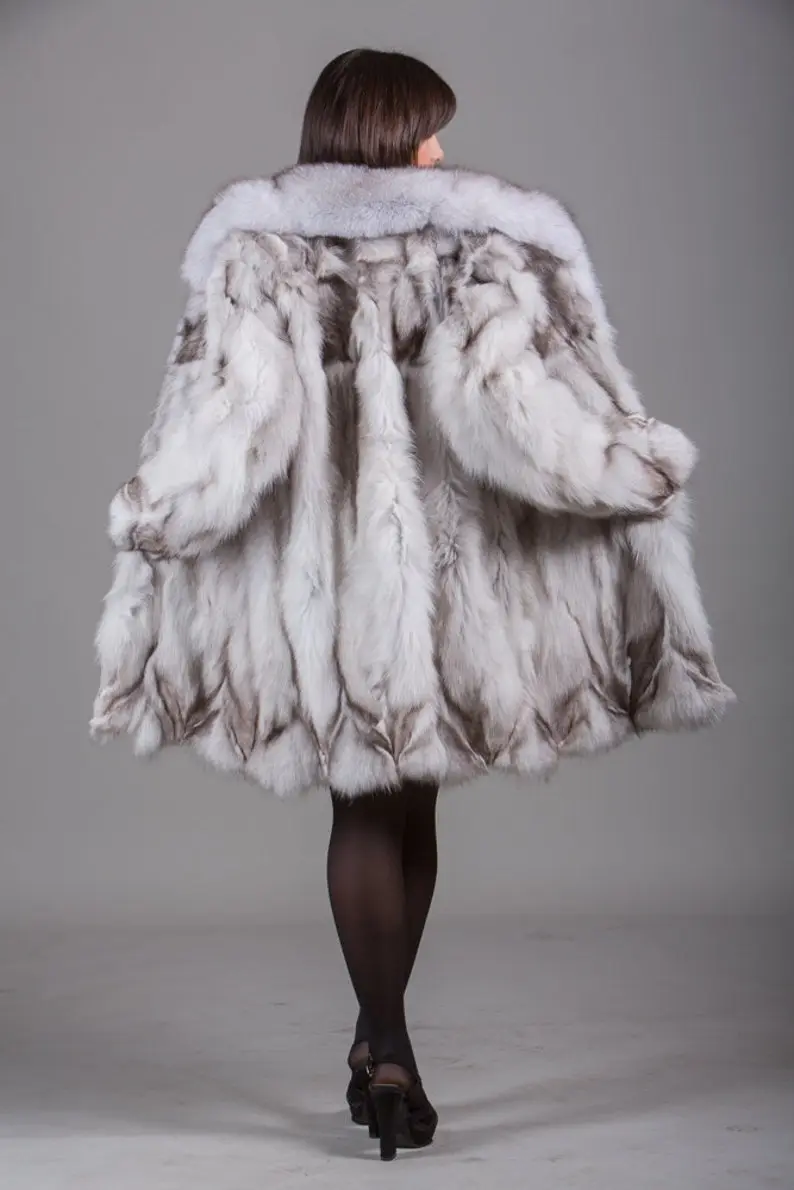 Blue Fox Fur Coat Fox Collar Knee Length Women’s