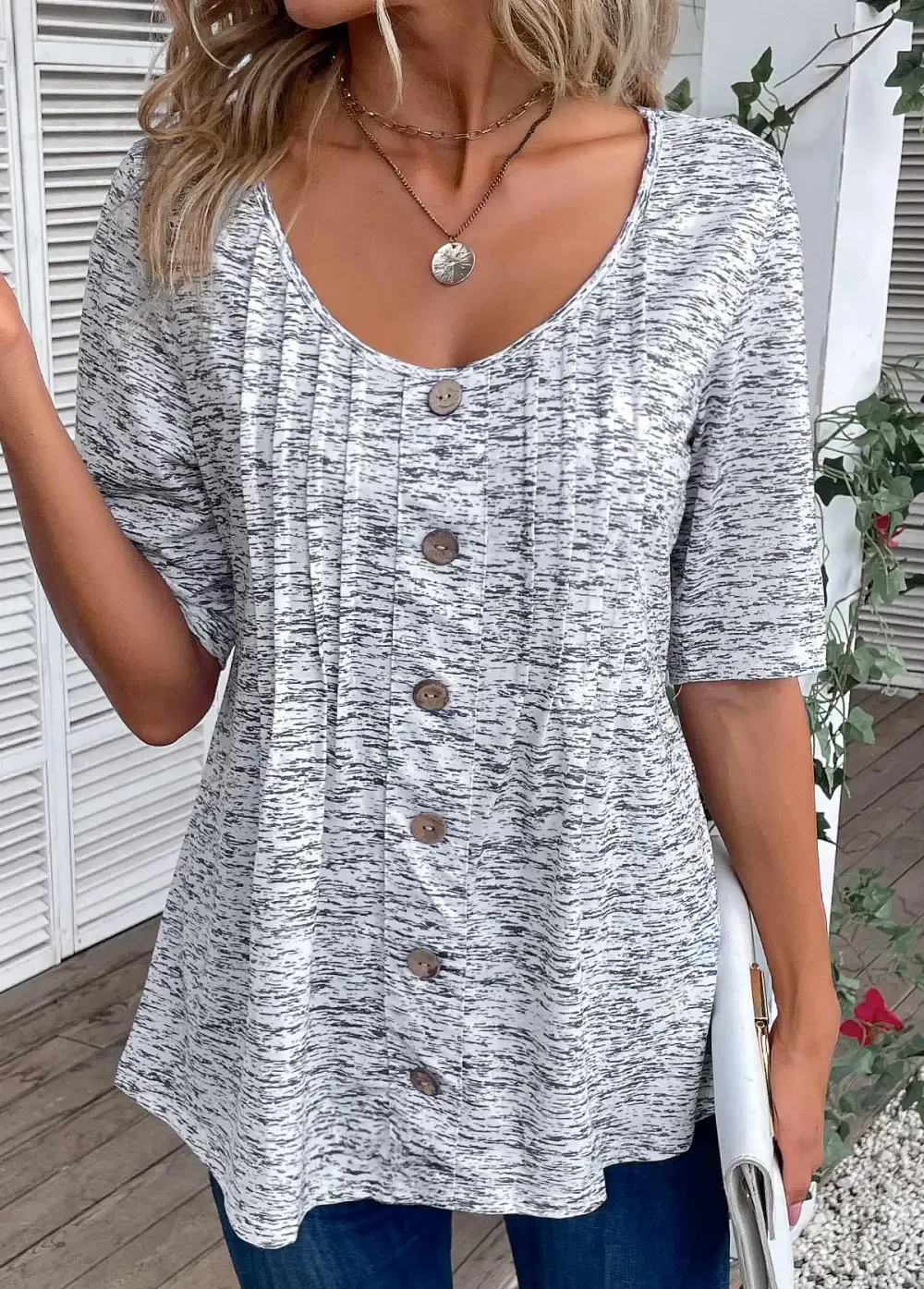 Light Grey Marl Button Half Sleeve T Shirt