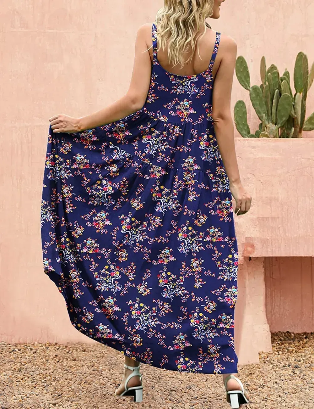 Summer Dresses for Women Casual Loose Bohemian Floral Dress with Pockets Spaghetti Strap Maxi Dress E75