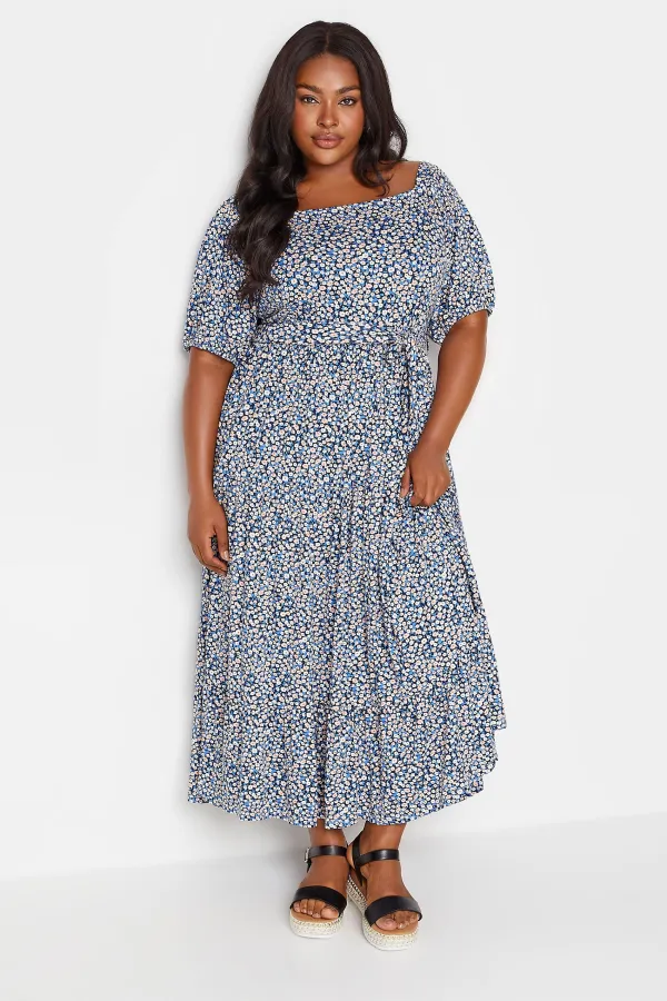 YOURS Curve Blue Ditsy Floral Tiered Maxi Dress