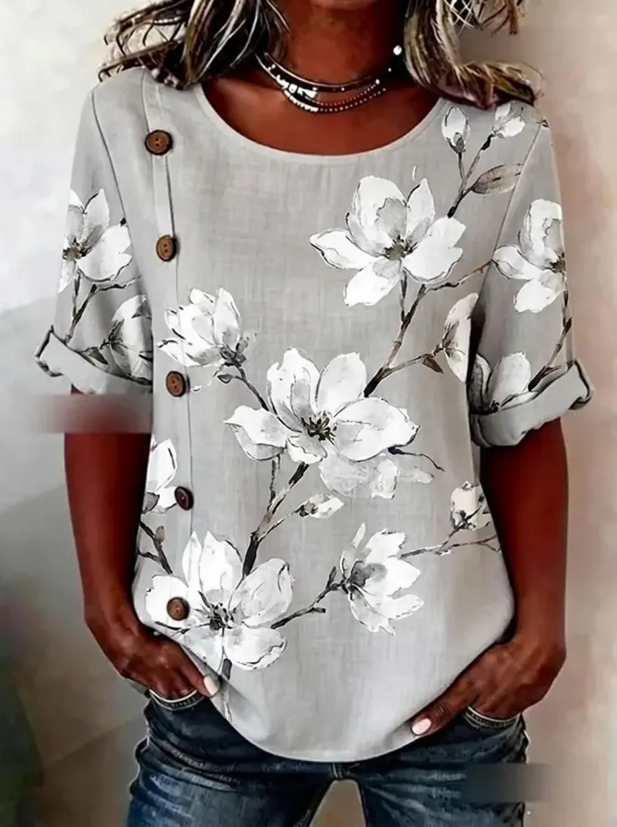 Women's Nashville Floral Magnolia Printed Button-Decorated Top