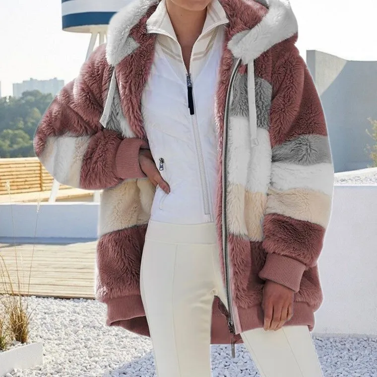 Contrast Plush Drawstring Hooded Jacket