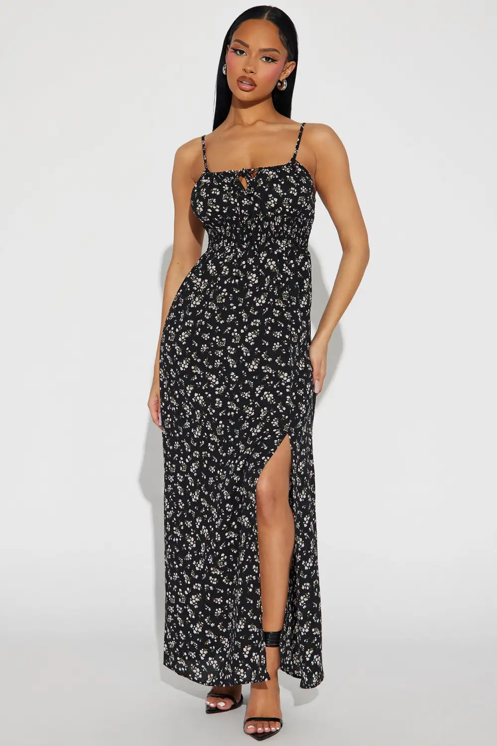 High Slit Floral Maxi Dress - Black