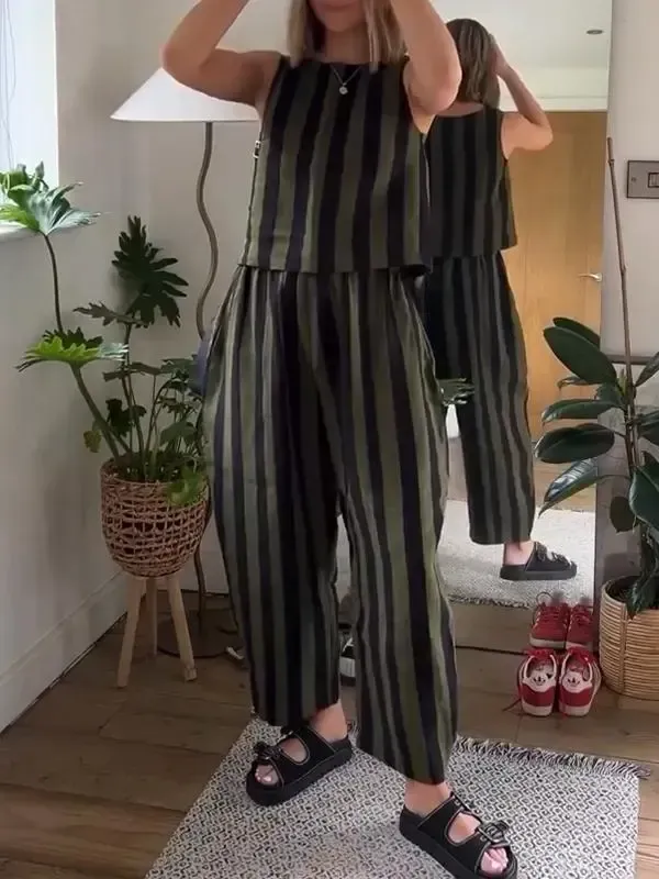 Women's Casual Round-neck Striped Sleeveless Two-piece Suit