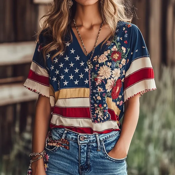 Women's Independence Day Flag Flower Art Linen T Shirt